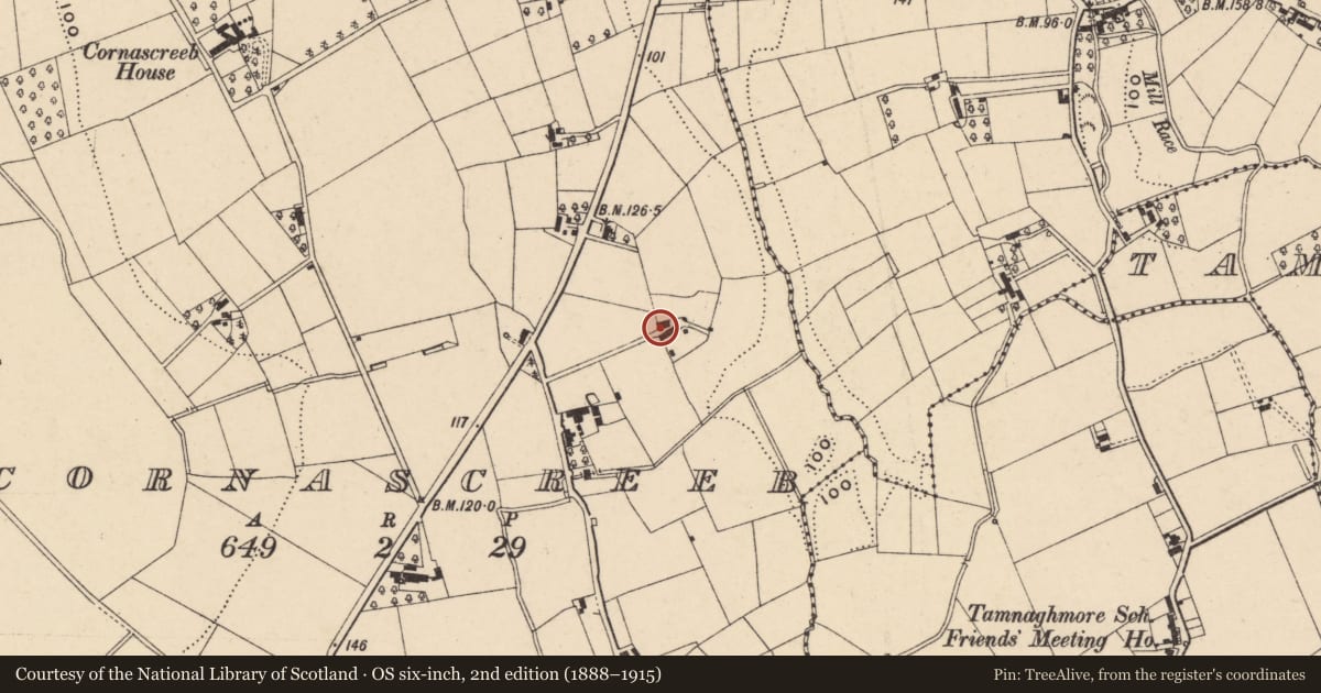 Ordnance Survey six-inch map, 2nd edition (1888–1915) covering the location of 6 Harker's Hill, Cornascreeb, Armagh City, Banbridge and Craigavon, with a pin at the register's coordinates