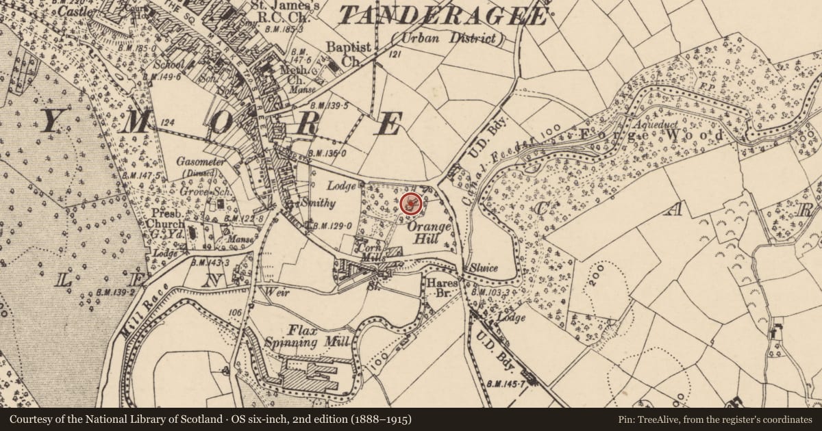Ordnance Survey six-inch map, 2nd edition (1888–1915) covering the location of Orange Hill, Armagh City, Banbridge and Craigavon, with a pin at the register's coordinates
