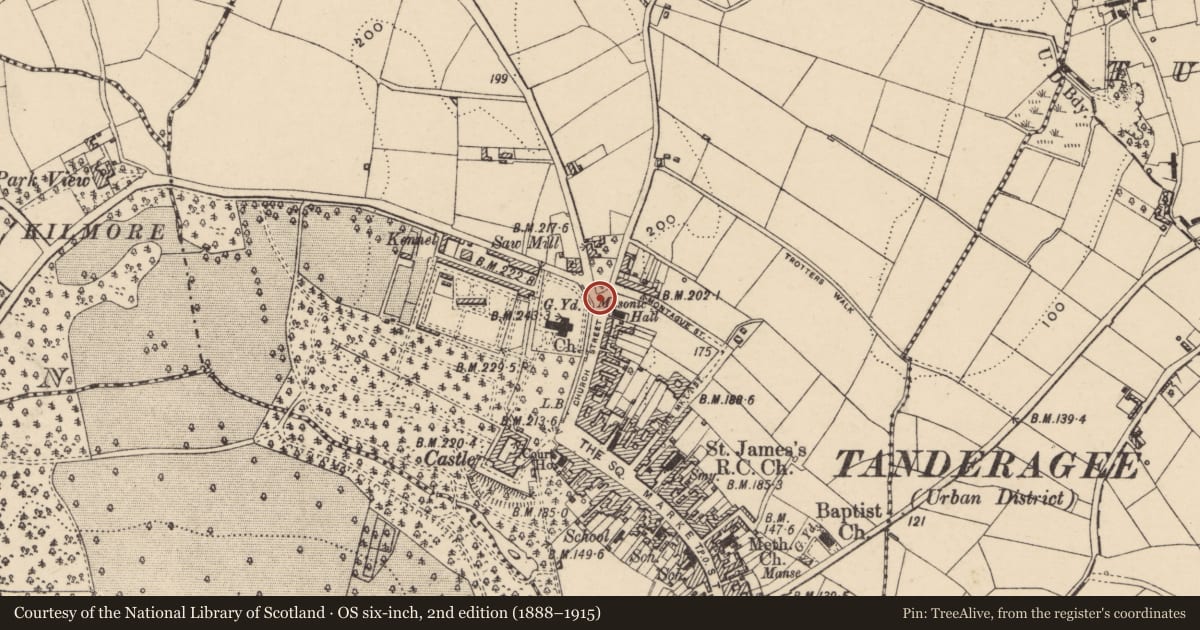 Ordnance Survey six-inch map, 2nd edition (1888–1915) covering the location of MEMORIAL, Armagh City, Banbridge and Craigavon, with a pin at the register's coordinates