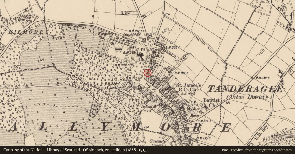 Ordnance Survey six-inch map, 2nd edition (1888–1915) covering the location of 7 Church St., Armagh City, Banbridge and Craigavon, with a pin at the register's coordinates