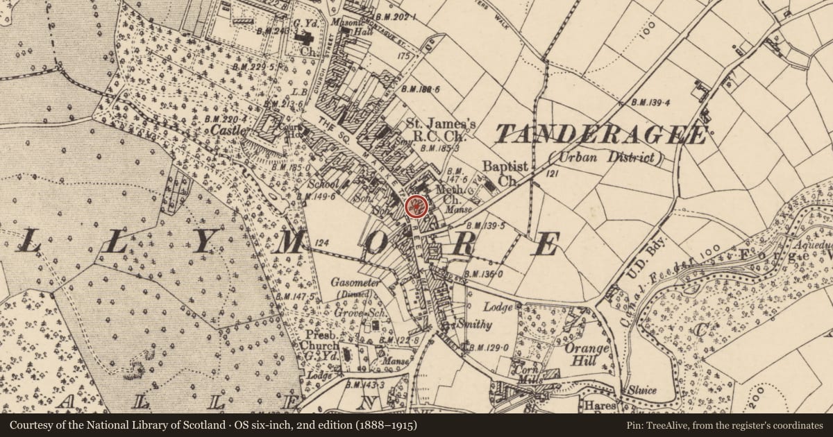 Ordnance Survey six-inch map, 2nd edition (1888–1915) covering the location of 90 Market St., Armagh City, Banbridge and Craigavon, with a pin at the register's coordinates