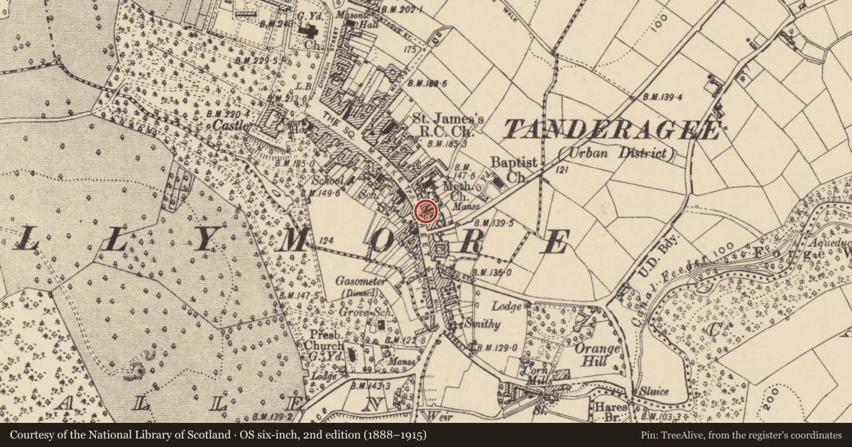 Ordnance Survey six-inch map, 2nd edition (1888–1915) covering the location of 96 Market St., Armagh City, Banbridge and Craigavon, with a pin at the register's coordinates
