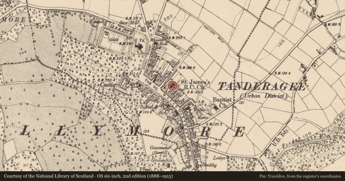 Ordnance Survey six-inch map, 2nd edition (1888–1915) covering the location of St. James' Church, Armagh City, Banbridge and Craigavon, with a pin at the register's coordinates