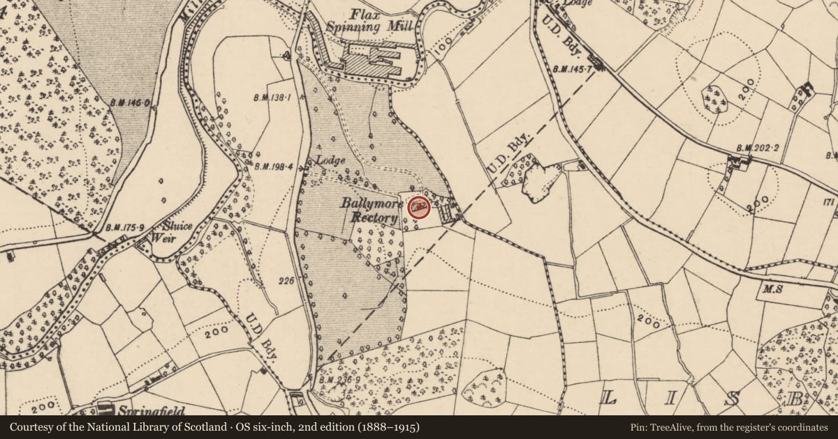 Ordnance Survey six-inch map, 2nd edition (1888–1915) covering the location of Ballymore Rectory, Armagh City, Banbridge and Craigavon, with a pin at the register's coordinates