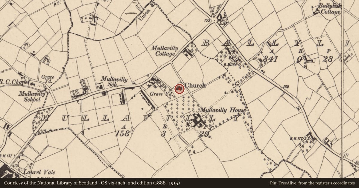 Ordnance Survey six-inch map, 2nd edition (1888–1915) covering the location of Mullavilly Parish Church, Armagh City, Banbridge and Craigavon, with a pin at the register's coordinates