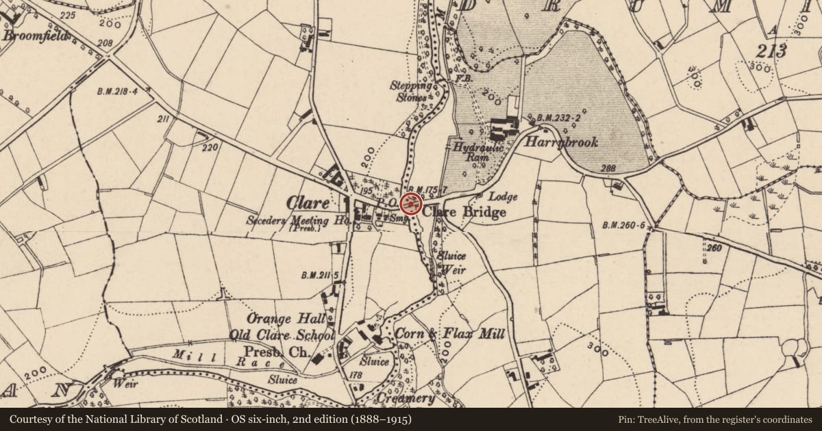 Ordnance Survey six-inch map, 2nd edition (1888–1915) covering the location of Clare Bridge, Armagh City, Banbridge and Craigavon, with a pin at the register's coordinates