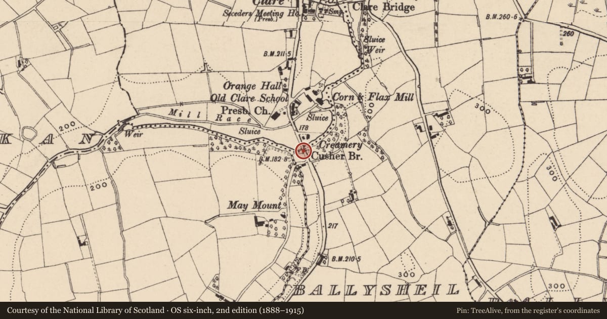 Ordnance Survey six-inch map, 2nd edition (1888–1915) covering the location of Cusher Bridge, Armagh City, Banbridge and Craigavon, with a pin at the register's coordinates