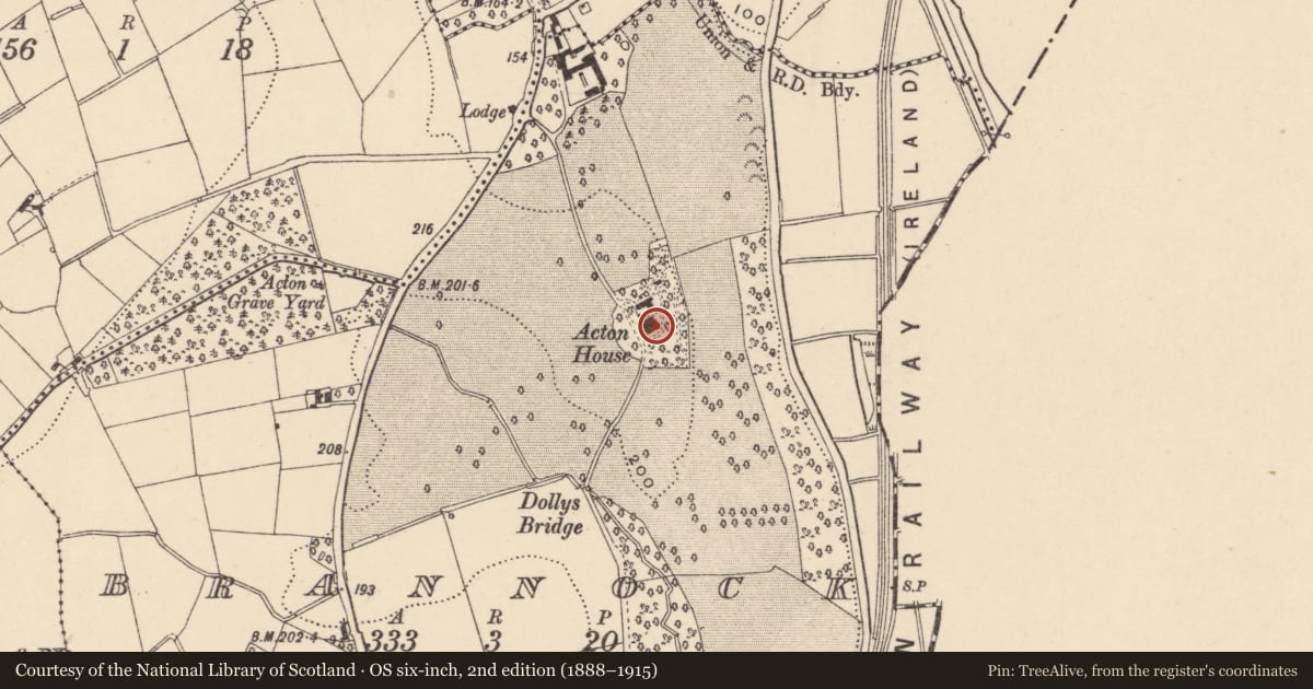 Ordnance Survey six-inch map, 2nd edition (1888–1915) covering the location of Acton House, Armagh City, Banbridge and Craigavon, with a pin at the register's coordinates