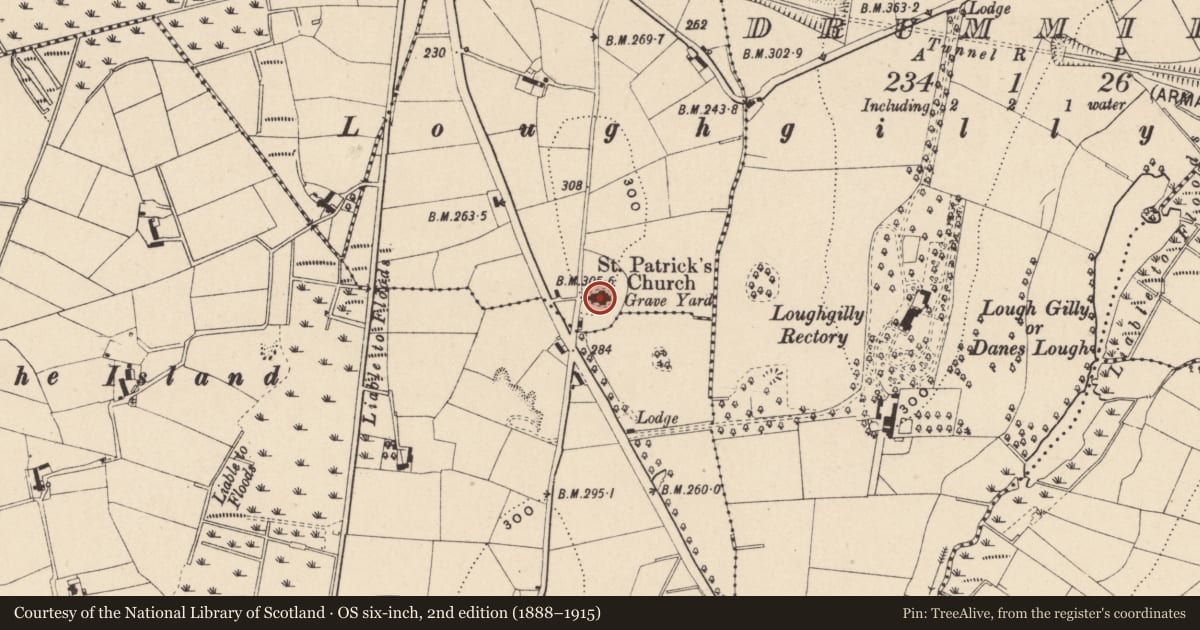 Ordnance Survey six-inch map, 2nd edition (1888–1915) covering the location of St. Patrick'S C OF I CHURCH, Armagh City, Banbridge and Craigavon, with a pin at the register's coordinates