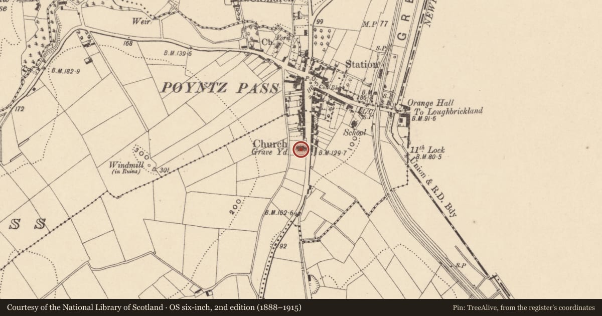 Ordnance Survey six-inch map, 2nd edition (1888–1915) covering the location of POYNTZPASS C OF I CHURCH, Armagh City, Banbridge and Craigavon, with a pin at the register's coordinates