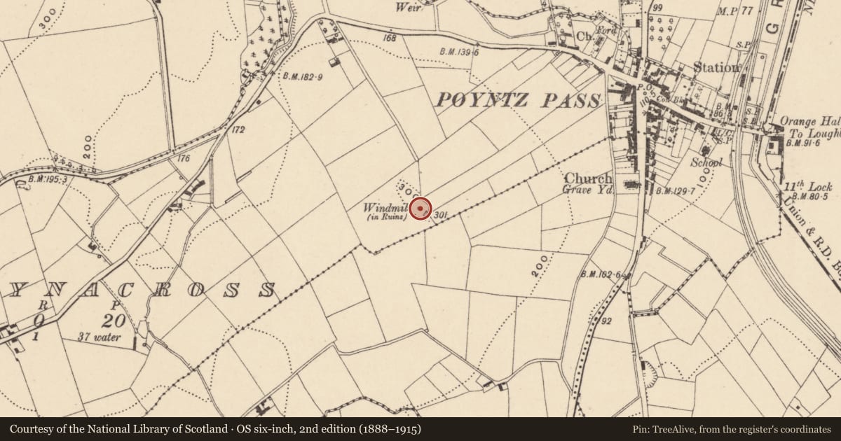 Ordnance Survey six-inch map, 2nd edition (1888–1915) covering the location of Windmill Stump, Armagh City, Banbridge and Craigavon, with a pin at the register's coordinates