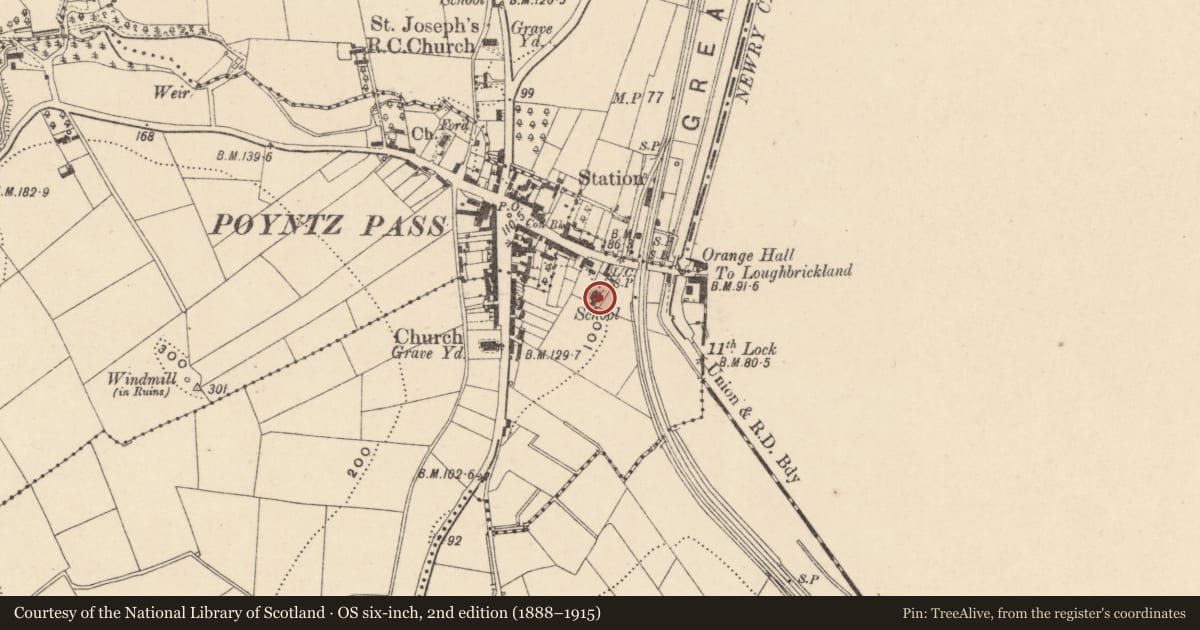 Ordnance Survey six-inch map, 2nd edition (1888–1915) covering the location of Former Poyntzpass Primary School, Federnagh, Armagh City, Banbridge and Craigavon, with a pin at the register's coordinates