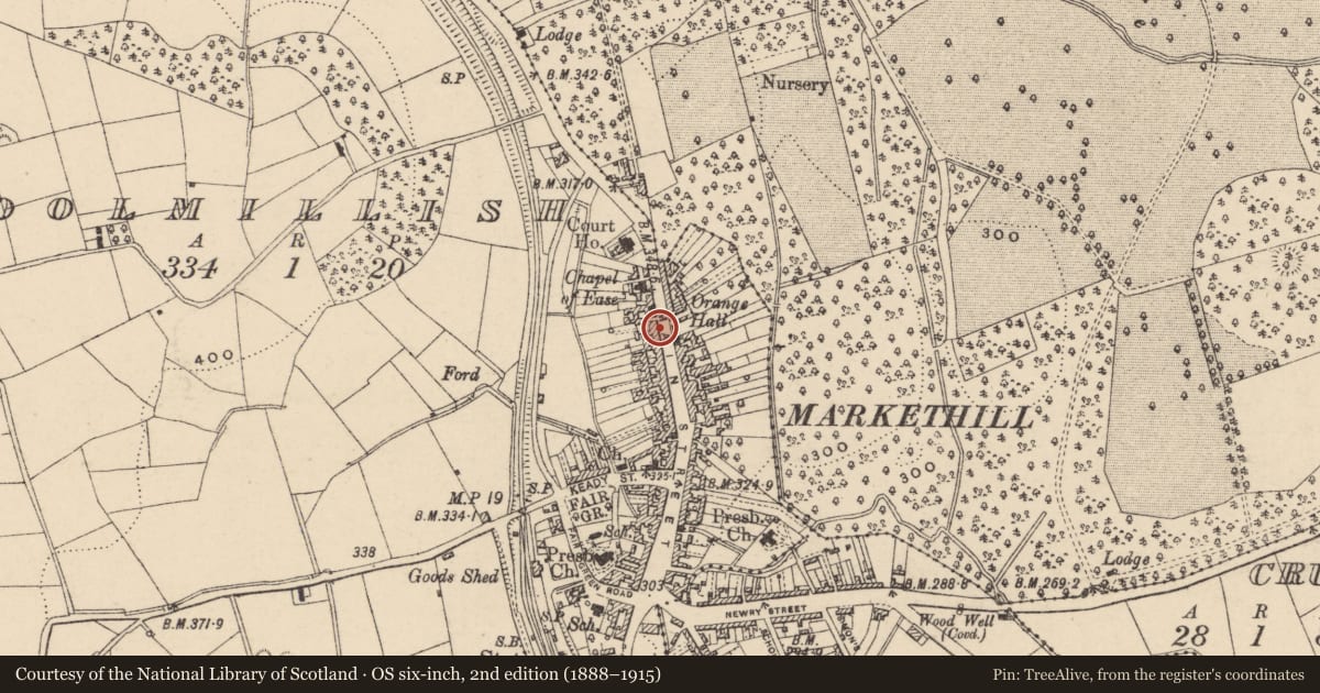 Ordnance Survey six-inch map, 2nd edition (1888–1915) covering the location of 25 Main St., Armagh City, Banbridge and Craigavon, with a pin at the register's coordinates