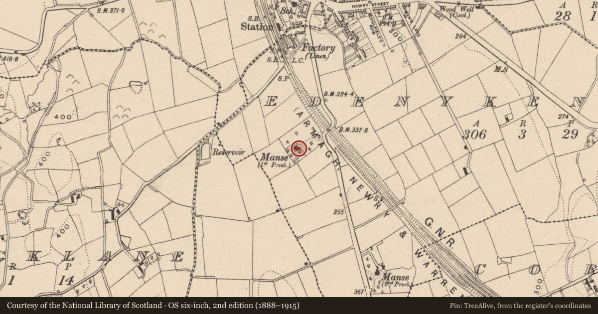 Ordnance Survey six-inch map, 2nd edition (1888–1915) covering the location of Eden Crest, Armagh City, Banbridge and Craigavon, with a pin at the register's coordinates