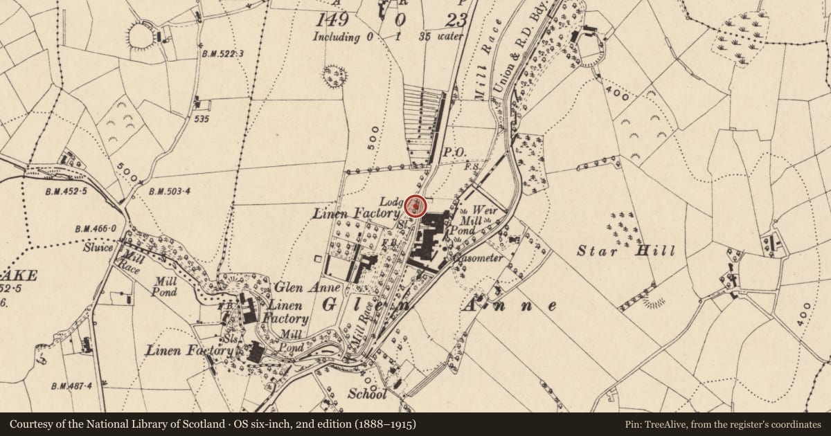 Ordnance Survey six-inch map, 2nd edition (1888–1915) covering the location of Gates/Screens/Lodges, Armagh City, Banbridge and Craigavon, with a pin at the register's coordinates