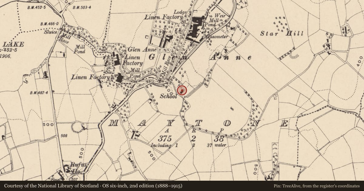 Ordnance Survey six-inch map, 2nd edition (1888–1915) covering the location of Former schoolhouse at 80 Glenanne Road, Maytone, Armagh City, Banbridge and Craigavon, with a pin at the register's coordinates