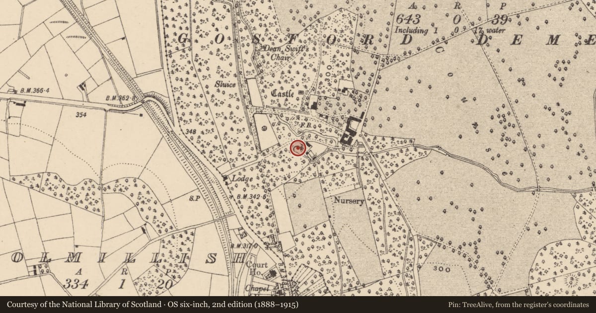 Ordnance Survey six-inch map, 2nd edition (1888–1915) covering the location of Nissen Hut, Gosford Demesne, Armagh, with a pin at the register's coordinates