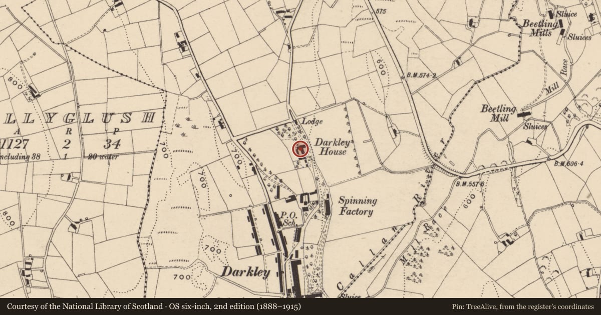 Ordnance Survey six-inch map, 2nd edition (1888–1915) covering the location of Darkley House, Armagh City, Banbridge and Craigavon, with a pin at the register's coordinates