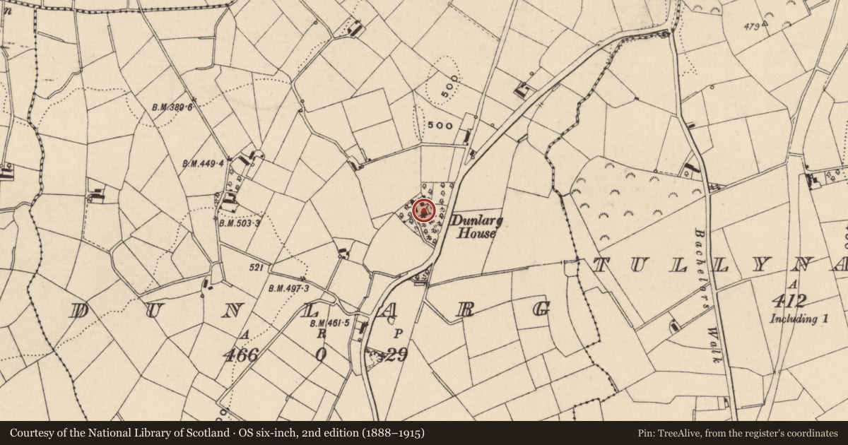 Ordnance Survey six-inch map, 2nd edition (1888–1915) covering the location of Dunlarg House, Armagh City, Banbridge and Craigavon, with a pin at the register's coordinates