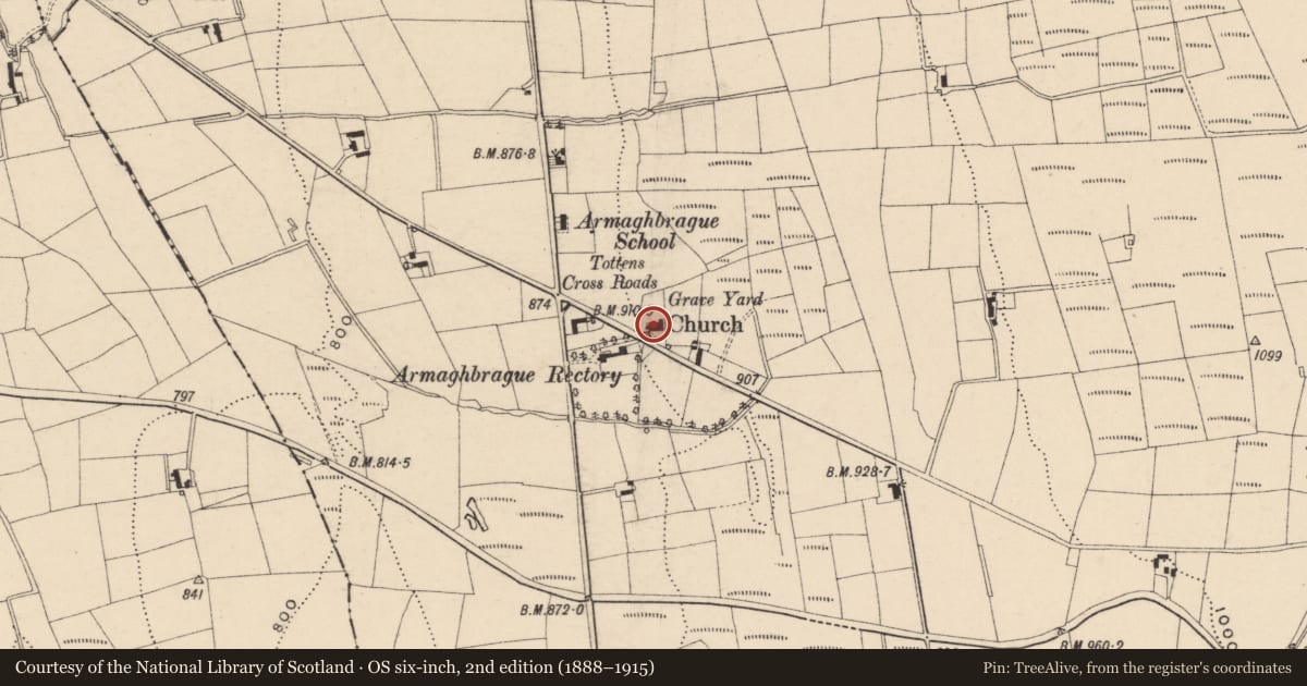 Ordnance Survey six-inch map, 2nd edition (1888–1915) covering the location of Armaghbreague Church, Armagh City, Banbridge and Craigavon, with a pin at the register's coordinates
