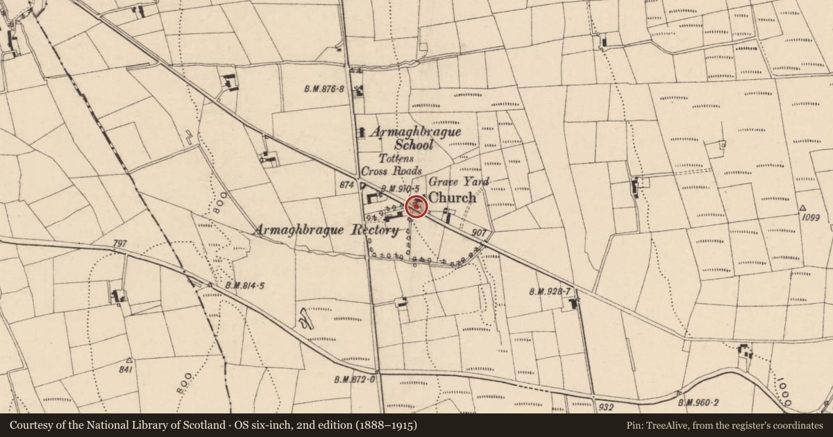 Ordnance Survey six-inch map, 2nd edition (1888–1915) covering the location of Gates And Boundary Wall At Armaghbreague Church, Armagh City, Banbridge and Craigavon, with a pin at the register's coordinates