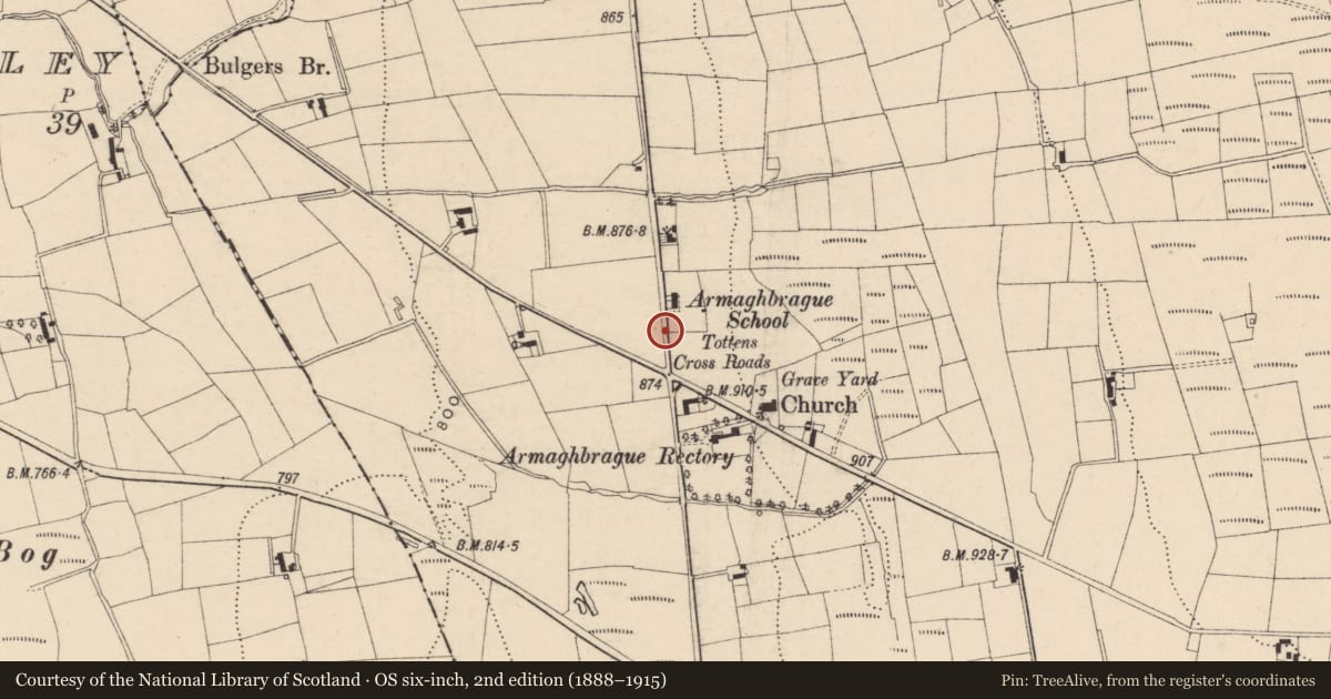 Ordnance Survey six-inch map, 2nd edition (1888–1915) covering the location of Telephone Kiosk, Armaghbrague, Armagh, with a pin at the register's coordinates