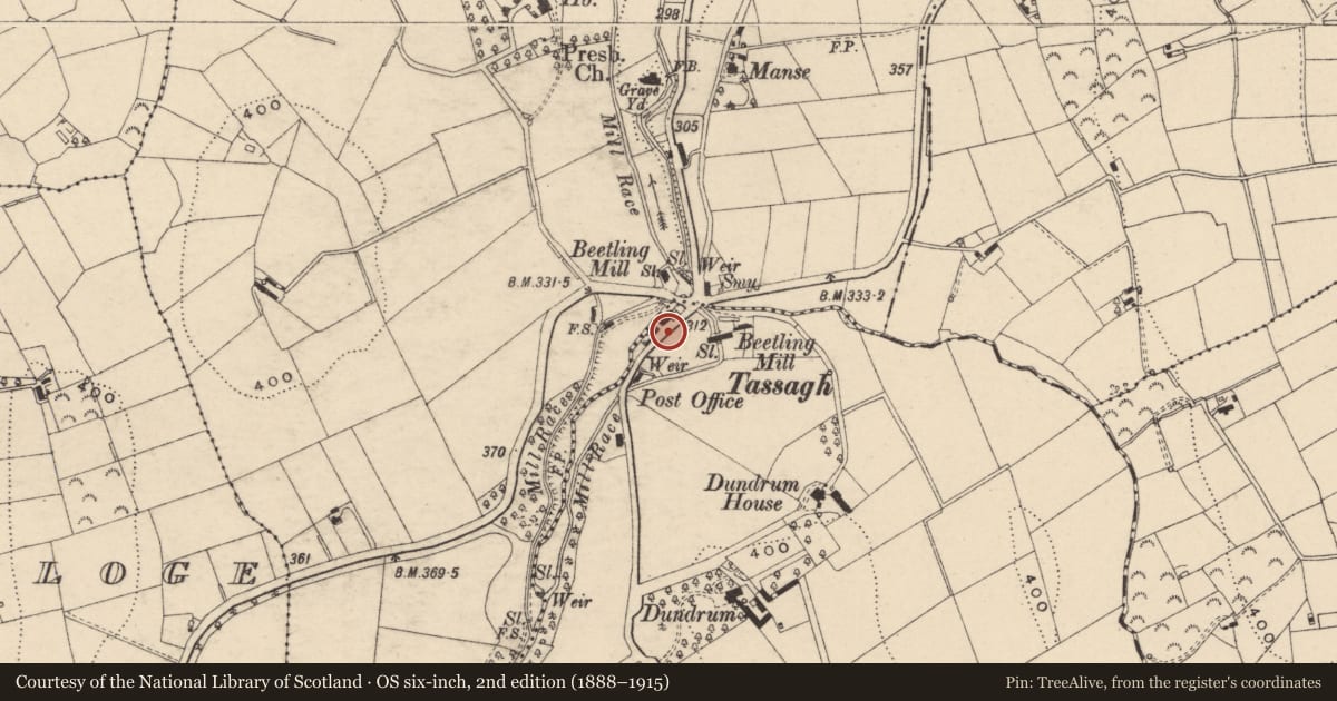 Ordnance Survey six-inch map, 2nd edition (1888–1915) covering the location of Telephone Kiosk, Dundrum, Armagh, with a pin at the register's coordinates