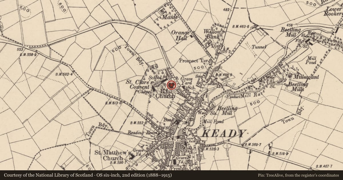 Ordnance Survey six-inch map, 2nd edition (1888–1915) covering the location of St. Patrick'S R C CHURCH, Armagh City, Banbridge and Craigavon, with a pin at the register's coordinates