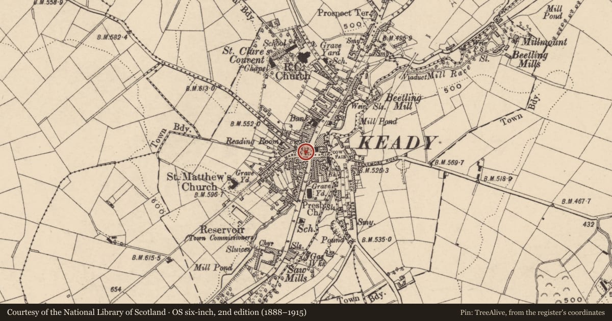 Ordnance Survey six-inch map, 2nd edition (1888–1915) covering the location of Kirk Memorial, Armagh City, Banbridge and Craigavon, with a pin at the register's coordinates