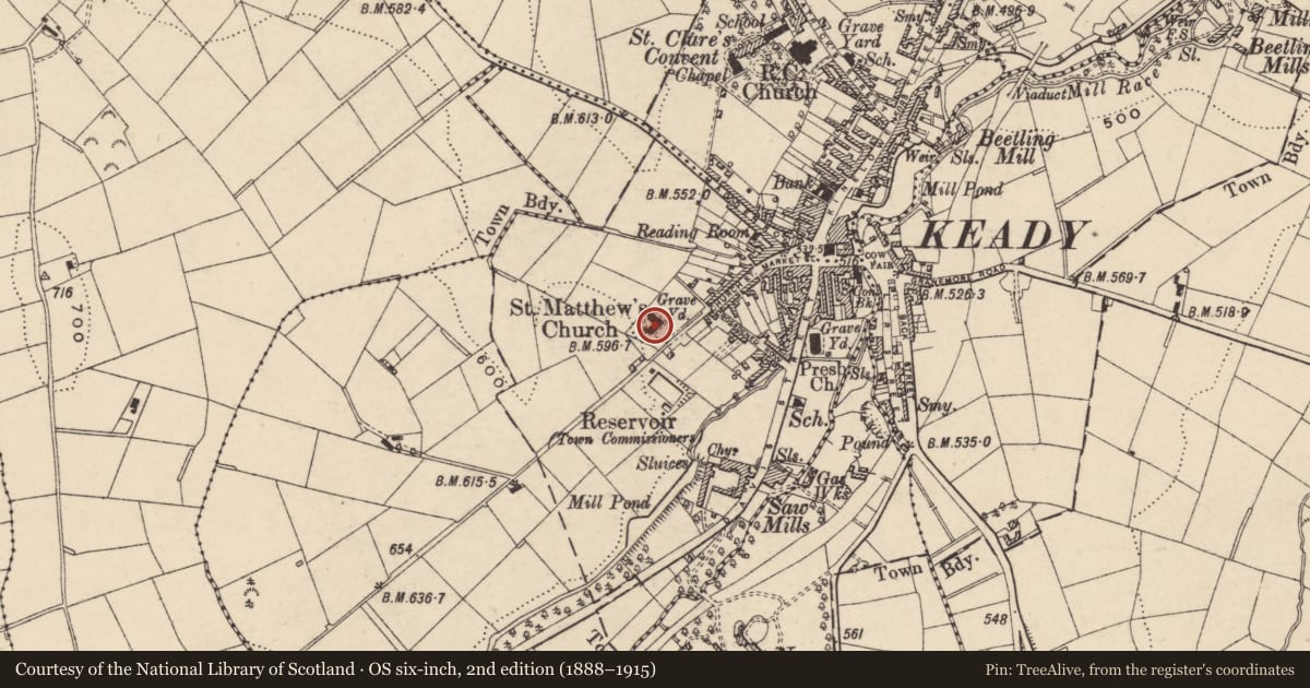 Ordnance Survey six-inch map, 2nd edition (1888–1915) covering the location of St. Matthew'S Church, Armagh City, Banbridge and Craigavon, with a pin at the register's coordinates