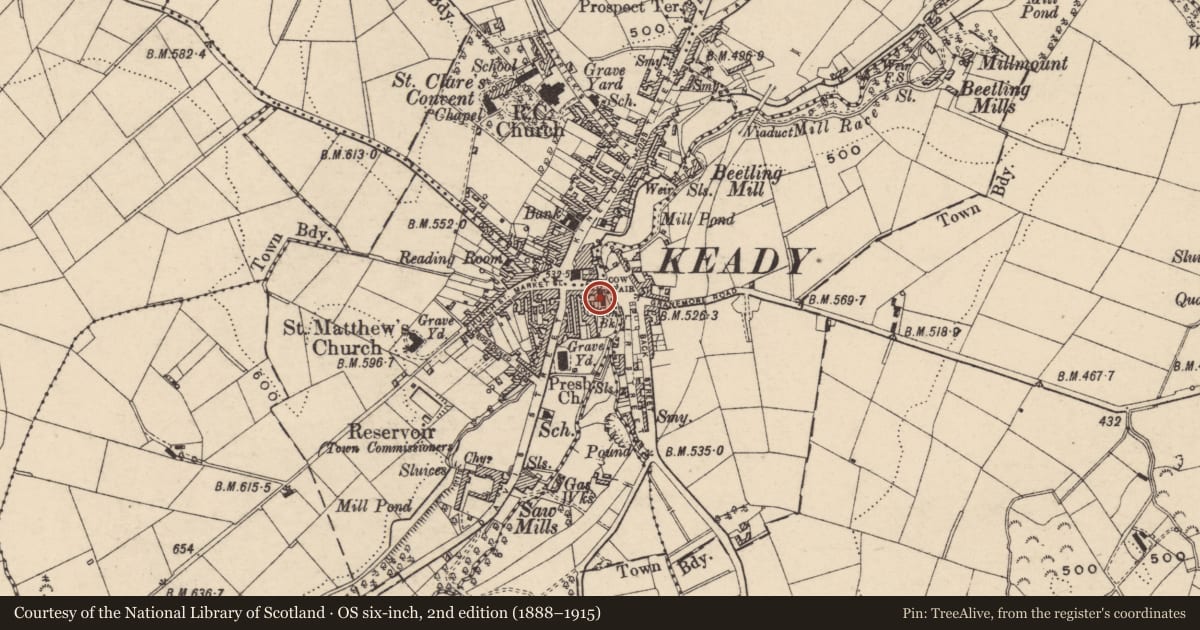 Ordnance Survey six-inch map, 2nd edition (1888–1915) covering the location of 16 Bridge St., Armagh City, Banbridge and Craigavon, with a pin at the register's coordinates