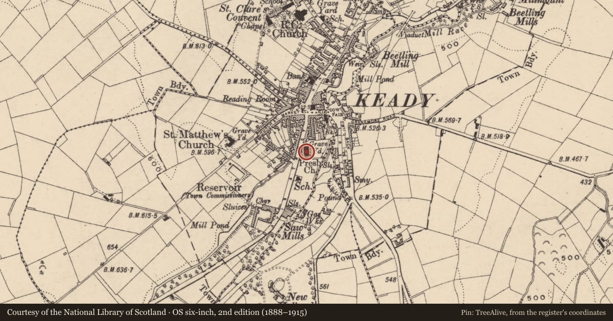 Ordnance Survey six-inch map, 2nd edition (1888–1915) covering the location of Second Presbyterian Church, Armagh City, Banbridge and Craigavon, with a pin at the register's coordinates