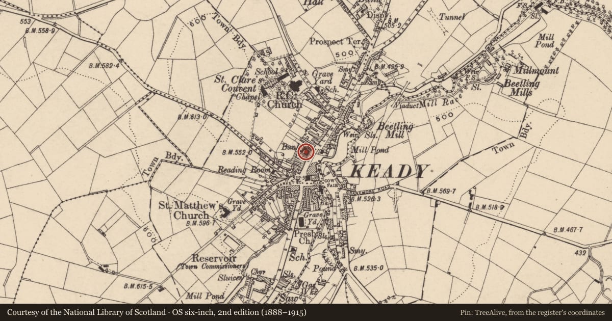 Ordnance Survey six-inch map, 2nd edition (1888–1915) covering the location of Northern Bank, Armagh City, Banbridge and Craigavon, with a pin at the register's coordinates