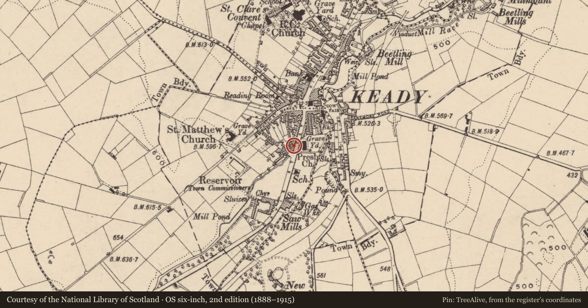 Ordnance Survey six-inch map, 2nd edition (1888–1915) covering the location of 26 Davis St., Armagh City, Banbridge and Craigavon, with a pin at the register's coordinates