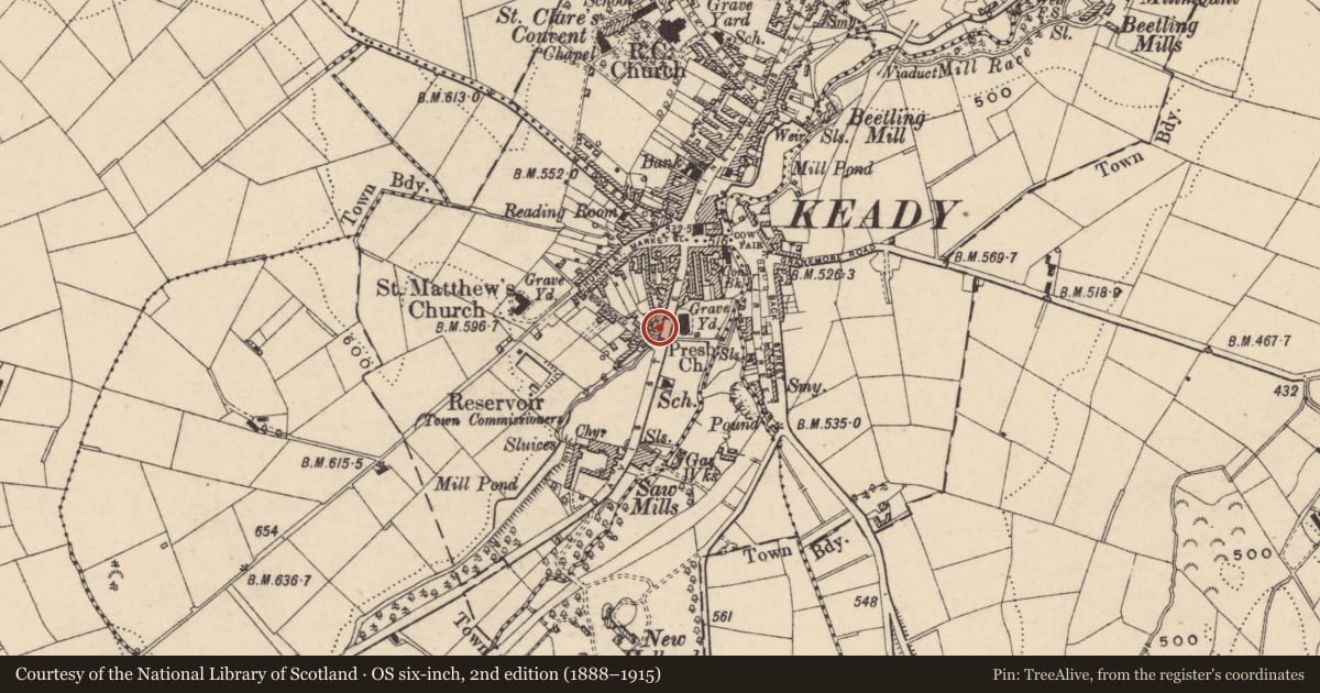 Ordnance Survey six-inch map, 2nd edition (1888–1915) covering the location of 28 Davis St., Armagh City, Banbridge and Craigavon, with a pin at the register's coordinates