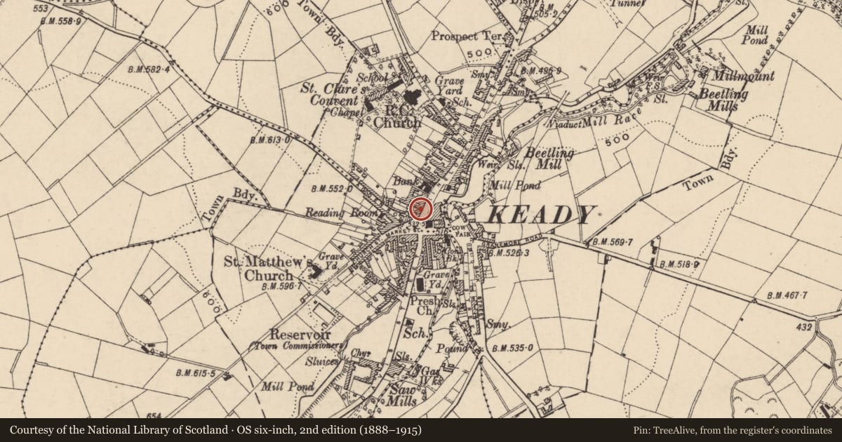 Ordnance Survey six-inch map, 2nd edition (1888–1915) covering the location of 9 Kinelowen St., Armagh City, Banbridge and Craigavon, with a pin at the register's coordinates