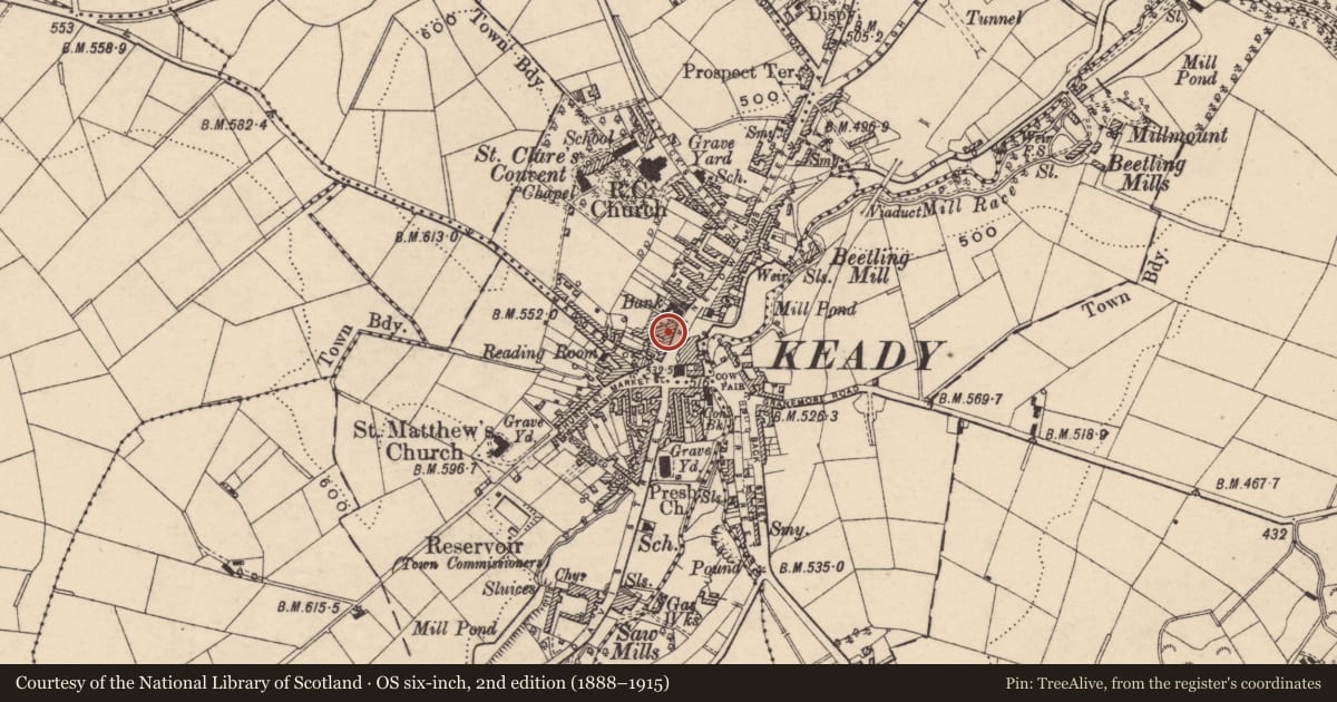 Ordnance Survey six-inch map, 2nd edition (1888–1915) covering the location of 11-19 Kinelowen St., Armagh City, Banbridge and Craigavon, with a pin at the register's coordinates