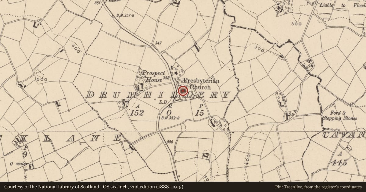 Ordnance Survey six-inch map, 2nd edition (1888–1915) covering the location of Drumhillery Presbyterian Church, Armagh City, Banbridge and Craigavon, with a pin at the register's coordinates