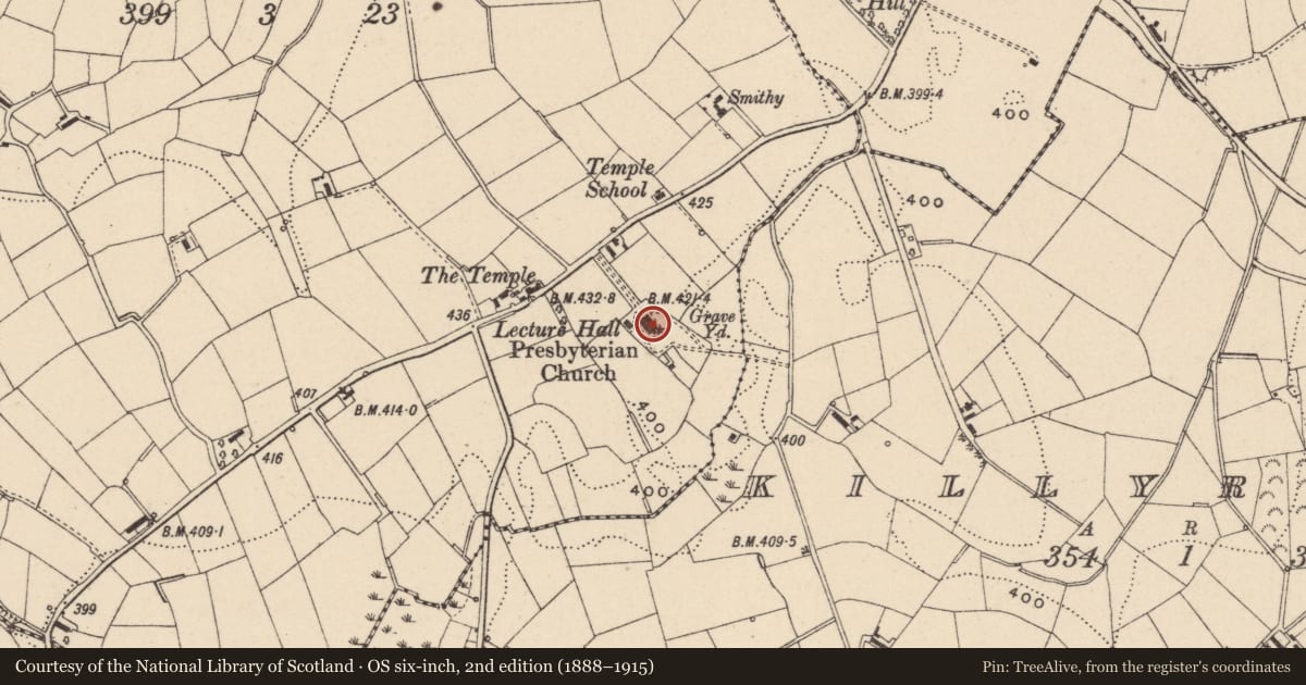 Ordnance Survey six-inch map, 2nd edition (1888–1915) covering the location of First Presbyterian Church (The Temple), Armagh City, Banbridge and Craigavon, with a pin at the register's coordinates