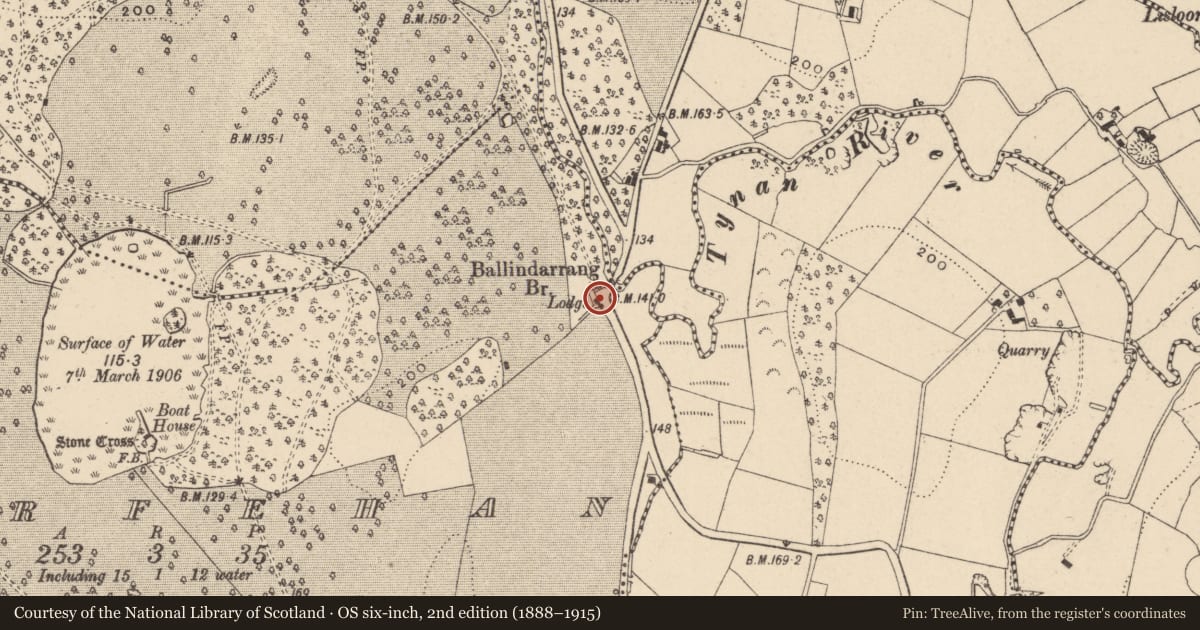 Ordnance Survey six-inch map, 2nd edition (1888–1915) covering the location of Ballindarrang Lodge, Armagh City, Banbridge and Craigavon, with a pin at the register's coordinates