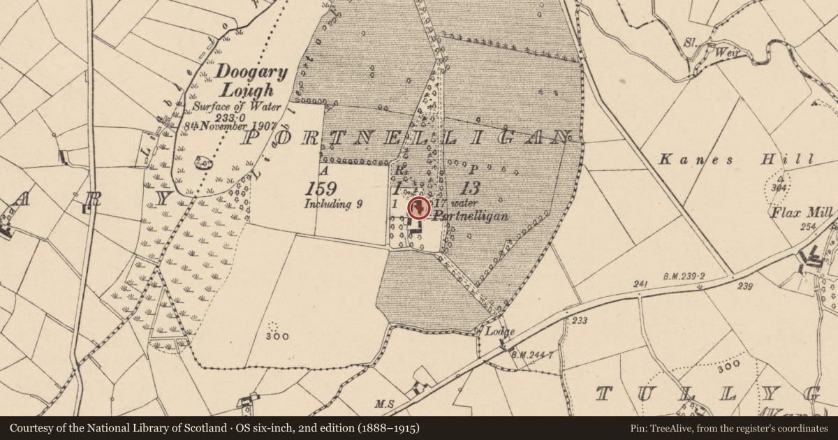 Ordnance Survey six-inch map, 2nd edition (1888–1915) covering the location of Portnelligan House, Armagh City, Banbridge and Craigavon, with a pin at the register's coordinates