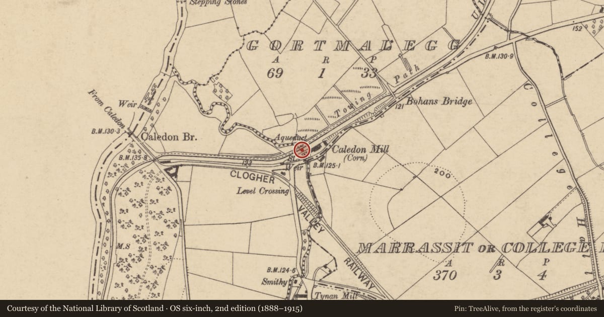 Ordnance Survey six-inch map, 2nd edition (1888–1915) covering the location of Canal Structure, Armagh City, Banbridge and Craigavon, with a pin at the register's coordinates