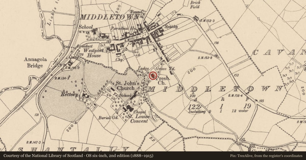 Ordnance Survey six-inch map, 2nd edition (1888–1915) covering the location of Presbyterian Church, Armagh City, Banbridge and Craigavon, with a pin at the register's coordinates