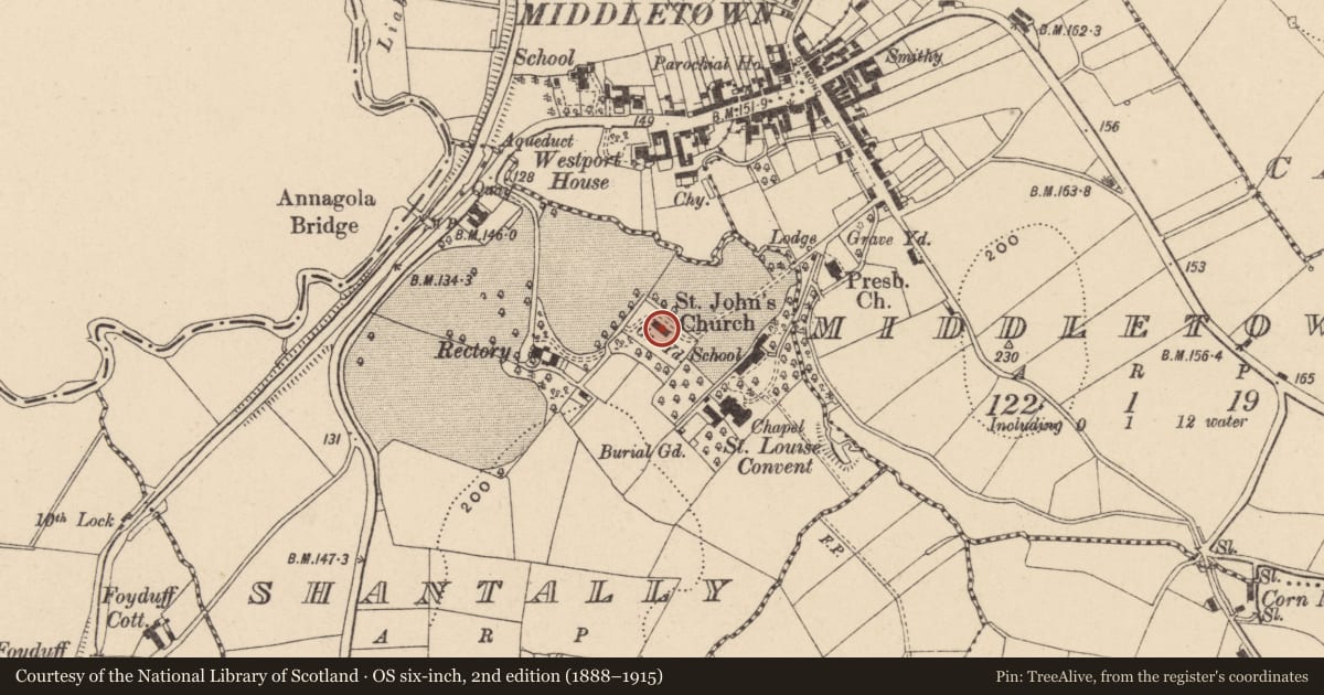 Ordnance Survey six-inch map, 2nd edition (1888–1915) covering the location of St. John'S C OF I CHURCH, Armagh City, Banbridge and Craigavon, with a pin at the register's coordinates