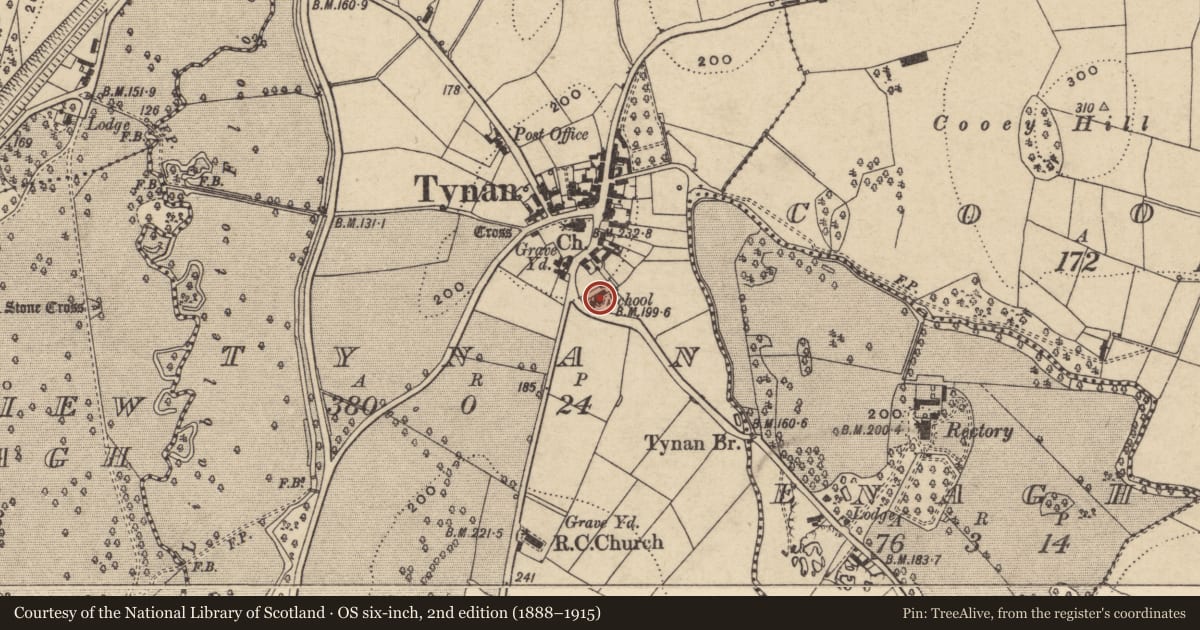 Ordnance Survey six-inch map, 2nd edition (1888–1915) covering the location of Former Tynan Primary School & Master's House, Armagh City, Banbridge and Craigavon, with a pin at the register's coordinates