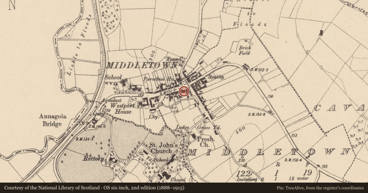 Ordnance Survey six-inch map, 2nd edition (1888–1915) covering the location of The Former Market and Courthouse, Armagh City, Banbridge and Craigavon, with a pin at the register's coordinates