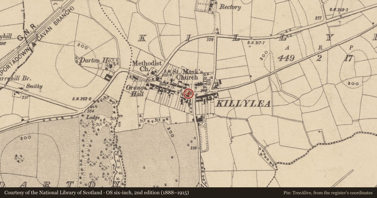 Ordnance Survey six-inch map, 2nd edition (1888–1915) covering the location of Fountain outside Main Street, Killylea, Armagh City, Banbridge and Craigavon, with a pin at the register's coordinates