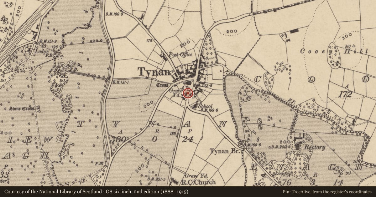 Ordnance Survey six-inch map, 2nd edition (1888–1915) covering the location of Telephone Kiosk, Tynan, with a pin at the register's coordinates