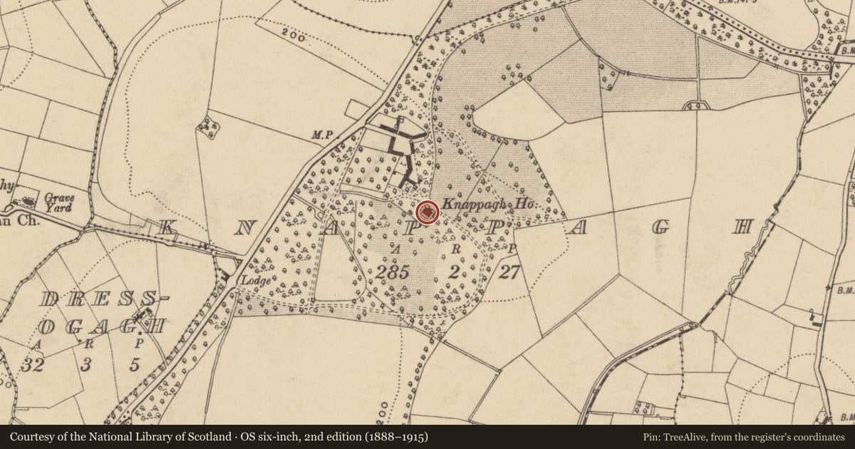 Ordnance Survey six-inch map, 2nd edition (1888–1915) covering the location of Knappagh House, Armagh City, Banbridge and Craigavon, with a pin at the register's coordinates