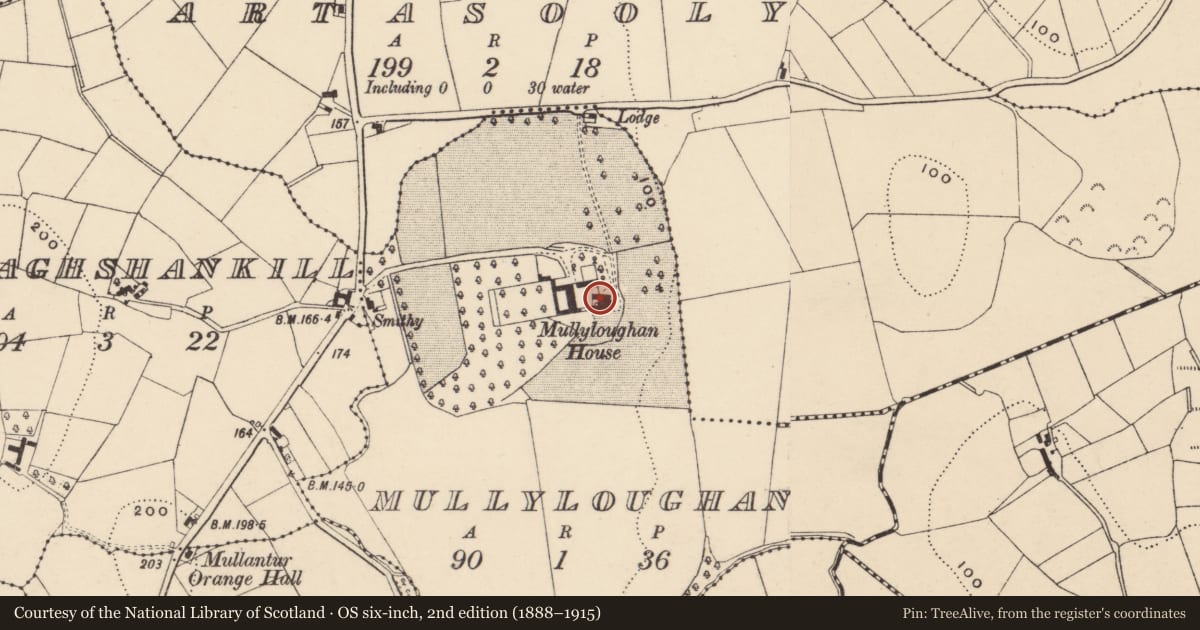 Ordnance Survey six-inch map, 2nd edition (1888–1915) covering the location of Glenaul House, Armagh City, Banbridge and Craigavon, with a pin at the register's coordinates